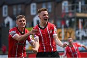 18 September 2022; Brandon Kavanagh of Derry City celebrates with teammate Ronan Boyce after scoring their side's third goal during the Extra.ie FAI Cup Quarter-Final match between Derry City and Shamrock Rovers at The Ryan McBride Brandywell Stadium in Derry. Photo by Stephen McCarthy/Sportsfile