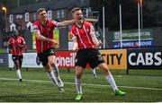 18 September 2022; Brandon Kavanagh of Derry City celebrates with teammate Ronan Boyce after scoring their side's third goal during the Extra.ie FAI Cup Quarter-Final match between Derry City and Shamrock Rovers at The Ryan McBride Brandywell Stadium in Derry. Photo by Stephen McCarthy/Sportsfile