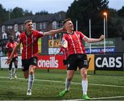 18 September 2022; Brandon Kavanagh of Derry City celebrates with teammate Ronan Boyce after scoring their side's third goal during the Extra.ie FAI Cup Quarter-Final match between Derry City and Shamrock Rovers at The Ryan McBride Brandywell Stadium in Derry. Photo by Stephen McCarthy/Sportsfile