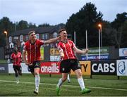 18 September 2022; Brandon Kavanagh of Derry City celebrates with teammate Ronan Boyce after scoring their side's third goal during the Extra.ie FAI Cup Quarter-Final match between Derry City and Shamrock Rovers at The Ryan McBride Brandywell Stadium in Derry. Photo by Stephen McCarthy/Sportsfile