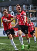 18 September 2022; Brandon Kavanagh of Derry City celebrates with Ronan Boyce after scoring their side's third goal during the Extra.ie FAI Cup Quarter-Final match between Derry City and Shamrock Rovers at The Ryan McBride Brandywell Stadium in Derry. Photo by Stephen McCarthy/Sportsfile