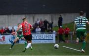 18 September 2022; Brandon Kavanagh of Derry City shoots to score his side's third goal during the Extra.ie FAI Cup Quarter-Final match between Derry City and Shamrock Rovers at The Ryan McBride Brandywell Stadium in Derry. Photo by Stephen McCarthy/Sportsfile