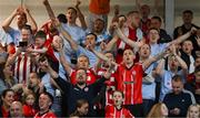 18 September 2022; Derry City supporters after their side's victory in the Extra.ie FAI Cup Quarter-Final match between Derry City and Shamrock Rovers at The Ryan McBride Brandywell Stadium in Derry. Photo by Stephen McCarthy/Sportsfile