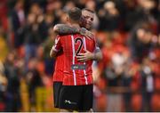 18 September 2022; Mark Connolly and Ronan Boyce of Derry City embrace after their side's victory in the Extra.ie FAI Cup Quarter-Final match between Derry City and Shamrock Rovers at The Ryan McBride Brandywell Stadium in Derry. Photo by Stephen McCarthy/Sportsfile