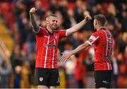 18 September 2022; Mark Connolly and Ronan Boyce of Derry City after their side's victory in the Extra.ie FAI Cup Quarter-Final match between Derry City and Shamrock Rovers at The Ryan McBride Brandywell Stadium in Derry. Photo by Stephen McCarthy/Sportsfile