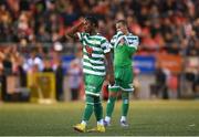 18 September 2022; Gideon Tetteh and Graham Burke of Shamrock Rovers after their side's defeat in the Extra.ie FAI Cup Quarter-Final match between Derry City and Shamrock Rovers at The Ryan McBride Brandywell Stadium in Derry. Photo by Stephen McCarthy/Sportsfile
