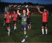 18 September 2022; Derry City goalkeeper Brian Maher and team-mates celebrate after the Extra.ie FAI Cup Quarter-Final match between Derry City and Shamrock Rovers at The Ryan McBride Brandywell Stadium in Derry. Photo by Stephen McCarthy/Sportsfile