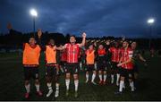 18 September 2022; Joe Thomson of Derry City, centre, and teammates after their side's victory in the Extra.ie FAI Cup Quarter-Final match between Derry City and Shamrock Rovers at The Ryan McBride Brandywell Stadium in Derry. Photo by Stephen McCarthy/Sportsfile