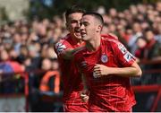 18 September 2022; Jack Moylan of Shelbourne, right, celebrates with teammate Sean Boyd after scoring their side's first goal during the Extra.ie FAI Cup Quarter-Final match between Shelbourne and Bohemians at Tolka Park in Dublin. Photo by Seb Daly/Sportsfile