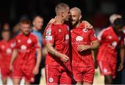 18 September 2022; Luke Byrne, left, and Mark Coyle of Shelbourne after their side's victory in the Extra.ie FAI Cup Quarter-Final match between Shelbourne and Bohemians at Tolka Park in Dublin. Photo by Seb Daly/Sportsfile