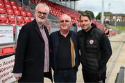 18 September 2022; Derry City manager Ruaidhrí Higgins, right, with actor Tim McGarry, left, and Richard Moore before the Extra.ie FAI Cup Quarter-Final match between Derry City and Shamrock Rovers at The Ryan McBride Brandywell Stadium in Derry. Photo by Stephen McCarthy/Sportsfile