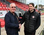 18 September 2022; Derry City manager Ruaidhrí Higgins with Richard Moore before the Extra.ie FAI Cup Quarter-Final match between Derry City and Shamrock Rovers at The Ryan McBride Brandywell Stadium in Derry. Photo by Stephen McCarthy/Sportsfile