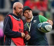 17 September 2022; Connacht logistics manager Martin Joyce, left, and attack & skills coach Mossy Lawler before the United Rugby Championship match between Ulster and Connacht at Kingspan Stadium in Belfast. Photo by David Fitzgerald/Sportsfile