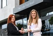19 September 2022; Antrim’s Cathy Carey, right, is presented with The Croke Park/LGFA Player of the Month award for August by Edele O’Reilly, Director of Sales and Marketing, The Croke Park, at The Croke Park in Jones Road, Dublin. Cathy captained Antrim to the TG4 All-Ireland Junior Championship title on August 13 at Armagh’s Athletic Grounds. In the replay against Fermanagh, Cathy scored 2-1 in a Player of the Match performance. Photo by David Fitzgerald/Sportsfile