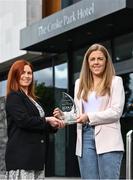 19 September 2022; Antrim’s Cathy Carey, right, is presented with The Croke Park/LGFA Player of the Month award for August by Edele O’Reilly, Director of Sales and Marketing, The Croke Park, at The Croke Park in Jones Road, Dublin. Cathy captained Antrim to the TG4 All-Ireland Junior Championship title on August 13 at Armagh’s Athletic Grounds. In the replay against Fermanagh, Cathy scored 2-1 in a Player of the Match performance. Photo by David Fitzgerald/Sportsfile