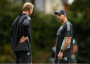 19 September 2022; Backs coach Andrew Goodman speaks with head coach Leo Cullen during a Leinster Rugby squad training session at UCD in Dublin. Photo by Harry Murphy/Sportsfile