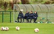 19 September 2022; Ireland players, from left, JJ Kayode, Evan Ferguson, Andy Lyons and Ross Tierney during a Republic of Ireland U21's training session at FAI National Training Centre in Abbotstown, Dublin. Photo by Eóin Noonan/Sportsfile