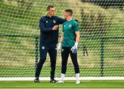 19 September 2022; Luke McNicholas with goalkeeping coach Rene Gilmartin during a Republic of Ireland U21's training session at FAI National Training Centre in Abbotstown, Dublin. Photo by Eóin Noonan/Sportsfile