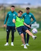 19 September 2022; Seamus Coleman practices his GAA skills during a Republic of Ireland training session at the FAI National Training Centre in Abbotstown, Dublin. Photo by Stephen McCarthy/Sportsfile