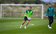 19 September 2022; Seamus Coleman practices his GAA skills during a Republic of Ireland training session at the FAI National Training Centre in Abbotstown, Dublin. Photo by Stephen McCarthy/Sportsfile