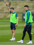 19 September 2022; Seamus Coleman calls for a point as he practices his GAA skills during a Republic of Ireland training session at the FAI National Training Centre in Abbotstown, Dublin. Photo by Stephen McCarthy/Sportsfile