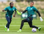 19 September 2022; Michael Obafemi and goalkeeper Gavin Bazunu, right, during a Republic of Ireland training session at the FAI National Training Centre in Abbotstown, Dublin. Photo by Stephen McCarthy/Sportsfile