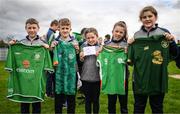 19 September 2022; Pupils from Latnamard National School, Monaghan, hold up their player signatures after a Republic of Ireland training session at the FAI National Training Centre in Abbotstown, Dublin. Photo by Stephen McCarthy/Sportsfile