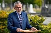 20 September 2022; Uachtarán Chumann Lúthchleas Gael Larry McCarthy speaking before placing a wreath on the grave of Michael Cusack at Glasnevin cemetery in Dublin, in a ceremony marking the 175th anniversary of the birth of the Clare school teacher who played a pivotal role in the formation of the GAA in 1884. Photo by Brendan Moran/Sportsfile