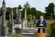 20 September 2022; Uachtarán Chumann Lúthchleas Gael Larry McCarthy speaking before placing a wreath on the grave of Michael Cusack at Glasnevin cemetery in Dublin, in a ceremony marking the 175th anniversary of the birth of the Clare school teacher who played a pivotal role in the formation of the GAA in 1884. Photo by Brendan Moran/Sportsfile
