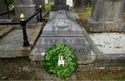 20 September 2022; A wreath placed at the grave of Michael Cusack at Glasnevin cemetery in Dublin by Uachtarán Chumann Lúthchleas Gael Larry McCarthy, in a ceremony marking the 175th anniversary of the birth of the Clare school teacher who played a pivotal role in the formation of the GAA in 1884. Photo by Brendan Moran/Sportsfile