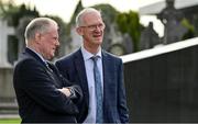 20 September 2022; Leinster GAA chairman Pat Teehan, right, in conversation with Ulster GAA chief executive officer and provincial secretary Brian McAvoy at Glasnevin cemetery in Dublin for ceremony at the grave of Michael Cusack marking the 175th anniversary of the birth of the Clare school teacher who played a pivotal role in the formation of the GAA in 1884. Photo by Brendan Moran/Sportsfile