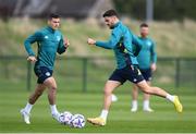 20 September 2022; Robbie Brady and Jason Knight, left, during a Republic of Ireland training session at the FAI National Training Centre in Abbotstown, Dublin. Photo by Stephen McCarthy/Sportsfile