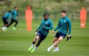 20 September 2022; Michael Obafemi and Dara O'Shea, right, during a Republic of Ireland training session at the FAI National Training Centre in Abbotstown, Dublin. Photo by Stephen McCarthy/Sportsfile