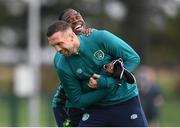 20 September 2022; Shane Duffy and Michael Obafemi during a Republic of Ireland training session at the FAI National Training Centre in Abbotstown, Dublin. Photo by Stephen McCarthy/Sportsfile