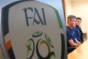 20 September 2022; Manager Stephen Kenny and Kieran Crowley, FAI communications manager, right, during a Republic of Ireland press conference at the FAI National Training Centre in Abbotstown, Dublin. Photo by Stephen McCarthy/Sportsfile