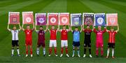 21 September 2022; Return of the packs! SSE Airtricity League FIFA 23 Club Packs are back! Featuring the individual club crest of all 10 Premier Division teams, these exclusive sleeves will be available to download free from https://www.ea.com/games/fifa/fifa-23 when the game launches Friday, 30th September! SSE Airtricity League players, from left, Paul Doyle of Dundalk, Luke Byrne of Shelbourne, Gary Deegan of Drogheda United, David Cawley of Sligo Rovers, Chris Forrester of St Patrick's Athletic, Michael Gallagher of UCD, Jordan Flores of Bohemians, Gavin Mulreany of Finn Harps and Ciaron Harkin of Derry City during the FIFA 23 SSE Airtricity League cover launch at Aviva Stadium in Dublin. Photo by Stephen McCarthy/Sportsfile