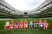 21 September 2022; Return of the packs! SSE Airtricity League FIFA 23 Club Packs are back! Featuring the individual club crest of all 10 Premier Division teams, these exclusive sleeves will be available to download free from https://www.ea.com/games/fifa/fifa-23 when the game launches Friday, 30th September! SSE Airtricity League players, from left, Paul Doyle of Dundalk, Luke Byrne of Shelbourne, Gary Deegan of Drogheda United, David Cawley of Sligo Rovers, Chris Forrester of St Patrick's Athletic, Michael Gallagher of UCD, Jordan Flores of Bohemians, Gavin Mulreany of Finn Harps and Ciaron Harkin of Derry City during the FIFA 23 SSE Airtricity League cover launch at Aviva Stadium in Dublin. Photo by Stephen McCarthy/Sportsfile