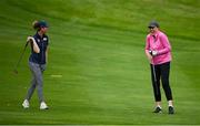 21 September 2022; Olympian Annalise Murphy, right, and Sarah Schober of Austria enjoy a lighthearted moment during the Pro Am ahead of the KPMG Women's Irish Open Golf Championship at Dromoland Castle in Clare. Photo by Brendan Moran/Sportsfile