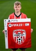 21 September 2022; Return of the packs! SSE Airtricity League FIFA 23 Club Packs are back! Featuring the individual club crest of all 10 Premier Division teams, these exclusive sleeves will be available to download free from https://www.ea.com/games/fifa/fifa-23 when the game launches Friday, 30th September! Ciaron Harkin of Derry City during the FIFA 23 SSE Airtricity League cover launch at Aviva Stadium in Dublin. Photo by Stephen McCarthy/Sportsfile