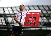 21 September 2022; Return of the packs! SSE Airtricity League FIFA 23 Club Packs are back! Featuring the individual club crest of all 10 Premier Division teams, these exclusive sleeves will be available to download free from https://www.ea.com/games/fifa/fifa-23 when the game launches Friday, 30th September! Paul Doyle of Dundalk during the FIFA 23 SSE Airtricity League cover launch at Aviva Stadium in Dublin. Photo by Stephen McCarthy/Sportsfile