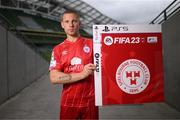 21 September 2022; Return of the packs! SSE Airtricity League FIFA 23 Club Packs are back! Featuring the individual club crest of all 10 Premier Division teams, these exclusive sleeves will be available to download free from https://www.ea.com/games/fifa/fifa-23 when the game launches Friday, 30th September! Luke Byrne of Shelbourne during the FIFA 23 SSE Airtricity League cover launch at Aviva Stadium in Dublin. Photo by Stephen McCarthy/Sportsfile