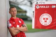 21 September 2022; Return of the packs! SSE Airtricity League FIFA 23 Club Packs are back! Featuring the individual club crest of all 10 Premier Division teams, these exclusive sleeves will be available to download free from https://www.ea.com/games/fifa/fifa-23 when the game launches Friday, 30th September! Luke Byrne of Shelbourne during the FIFA 23 SSE Airtricity League cover launch at Aviva Stadium in Dublin. Photo by Stephen McCarthy/Sportsfile