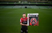 21 September 2022; Return of the packs! SSE Airtricity League FIFA 23 Club Packs are back! Featuring the individual club crest of all 10 Premier Division teams, these exclusive sleeves will be available to download free from https://www.ea.com/games/fifa/fifa-23 when the game launches Friday, 30th September! Jordan Flores of Bohemians during the FIFA 23 SSE Airtricity League cover launch at Aviva Stadium in Dublin. Photo by Stephen McCarthy/Sportsfile