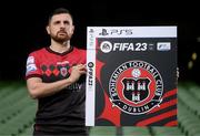 21 September 2022; Return of the packs! SSE Airtricity League FIFA 23 Club Packs are back! Featuring the individual club crest of all 10 Premier Division teams, these exclusive sleeves will be available to download free from https://www.ea.com/games/fifa/fifa-23 when the game launches Friday, 30th September! Jordan Flores of Bohemians during the FIFA 23 SSE Airtricity League cover launch at Aviva Stadium in Dublin. Photo by Stephen McCarthy/Sportsfile