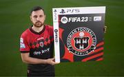 21 September 2022; Return of the packs! SSE Airtricity League FIFA 23 Club Packs are back! Featuring the individual club crest of all 10 Premier Division teams, these exclusive sleeves will be available to download free from https://www.ea.com/games/fifa/fifa-23 when the game launches Friday, 30th September! Jordan Flores of Bohemians during the FIFA 23 SSE Airtricity League cover launch at Aviva Stadium in Dublin. Photo by Stephen McCarthy/Sportsfile