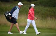 21 September 2022; Leona Maguire of Ireland with her caddie Dermot Byrne during the Pro Am ahead of the KPMG Women's Irish Open Golf Championship at Dromoland Castle in Clare. Photo by Brendan Moran/Sportsfile