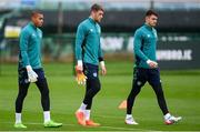 22 September 2022; Goalkeepers, from left, Gavin Bazunu, Mark Travers and Max O'Leary during a Republic of Ireland training session at the FAI National Training Centre in Abbotstown, Dublin. Photo by Stephen McCarthy/Sportsfile