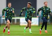 22 September 2022; Callum Robinson with Jayson Molumby, left, and Liam Scales during a Republic of Ireland training session at the FAI National Training Centre in Abbotstown, Dublin. Photo by Stephen McCarthy/Sportsfile