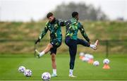22 September 2022; Troy Parrott, left, and Chiedozie Ogbene during a Republic of Ireland training session at the FAI National Training Centre in Abbotstown, Dublin. Photo by Stephen McCarthy/Sportsfile