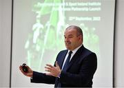 22 September 2022; Performance Pathways; to Paris and Beyond. Paralympics Ireland and the Sport Ireland Institute announce new partnership to provide world class performance support to Irish Para Athletes preparing for Paris 2024. Speaking at the announcement is Sport Ireland Institute Director Liam Harbison at Sport Ireland Institute in Dublin. Photo by Sam Barnes/Sportsfile